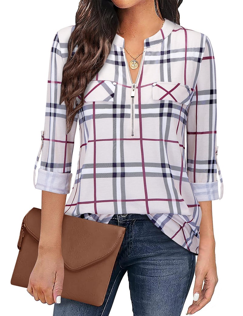 Bulotus Tunic Tops for Women 3/4 Sleeve Plaid Business Casual Shirts, Khaki Plaid, X-Large - Image 1